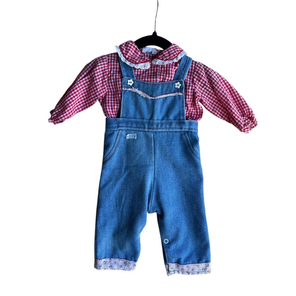Catton Candy Kids Vintage 70s Denim Overalls Blue/Red Gingham Size 6-9 months